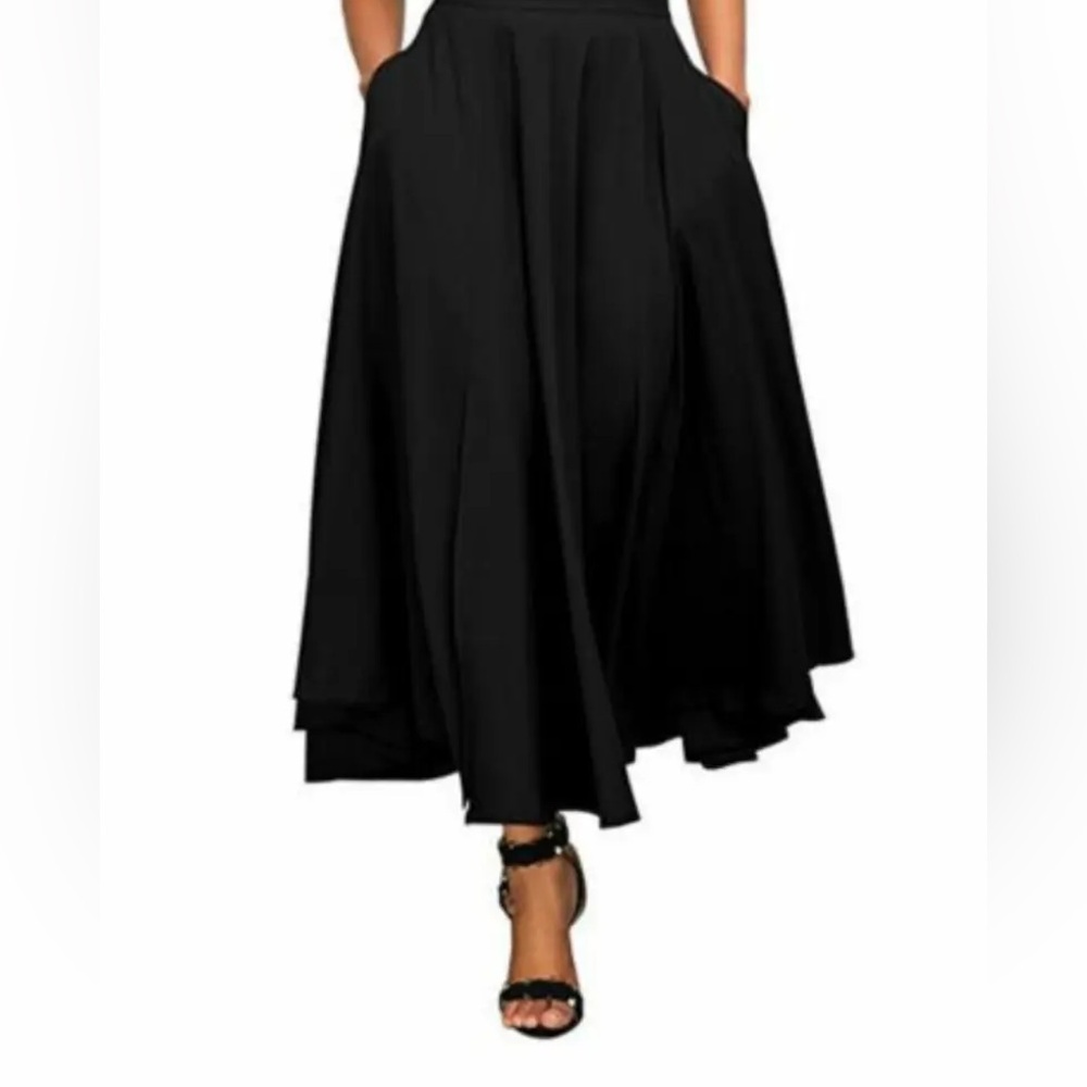 BLACK flowy pleated belted A-line Skirt 50s style above ankle S/M 100% cotton
